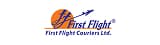 Logo of First Flight Couriers with an orange globe, stylized airplane, and bold blue text on a white background, conveying travel and speed.