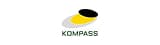 Yellow and black oval shape with a shadow suggests depth above the word "KOMPASS" in green letters on a white background, conveying modernity.